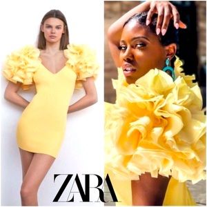 $165 ZARA Bodycon Knit Mini Statement Dress Organza Puff Sleeve Yellow S